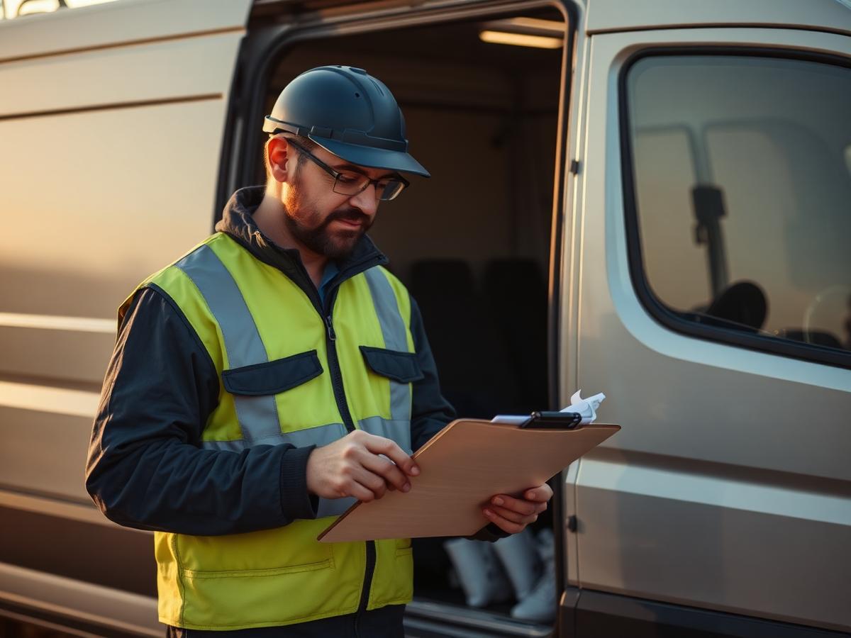 A construction site manager checking paperwork beside a van